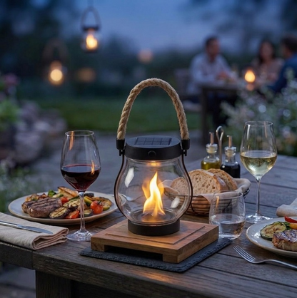 Rechargeable Flickering Flame Lantern for Outdoor Spaces — Cordless LED Pathway Light with Auto Dusk Sensor & Braided Handle for Patio, Deck