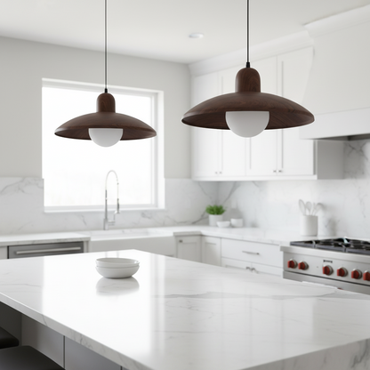 Wood Dome Ceiling Pendant 12 in Walnut Hanging Light for Kitchen Island Dining Table Minimalist Adjustable Cord E27 Socket 110V