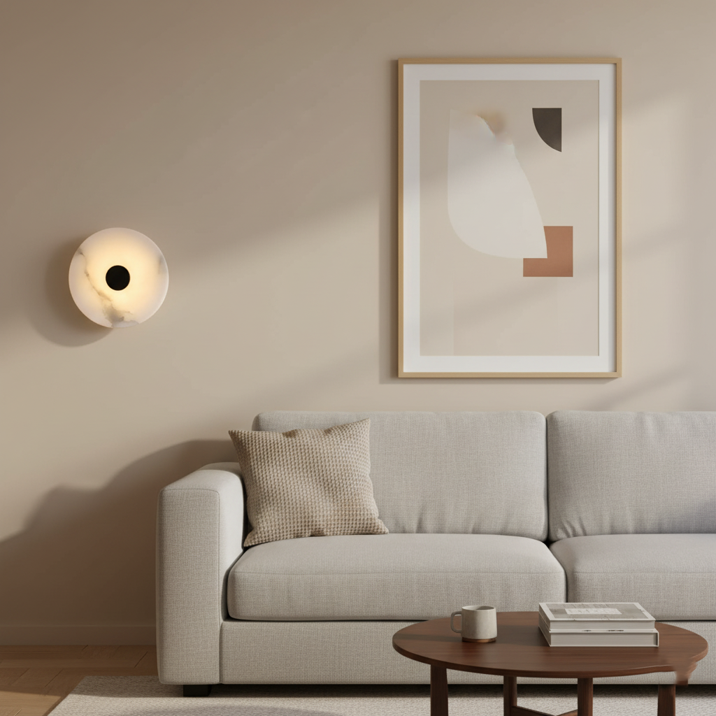 Round Alabaster Sconce LED Warm Glow Indoor Natural Stone Circle Fixture Iron Frame Bedroom Hallway Living Room Ambient Lighting 12.6 Inch