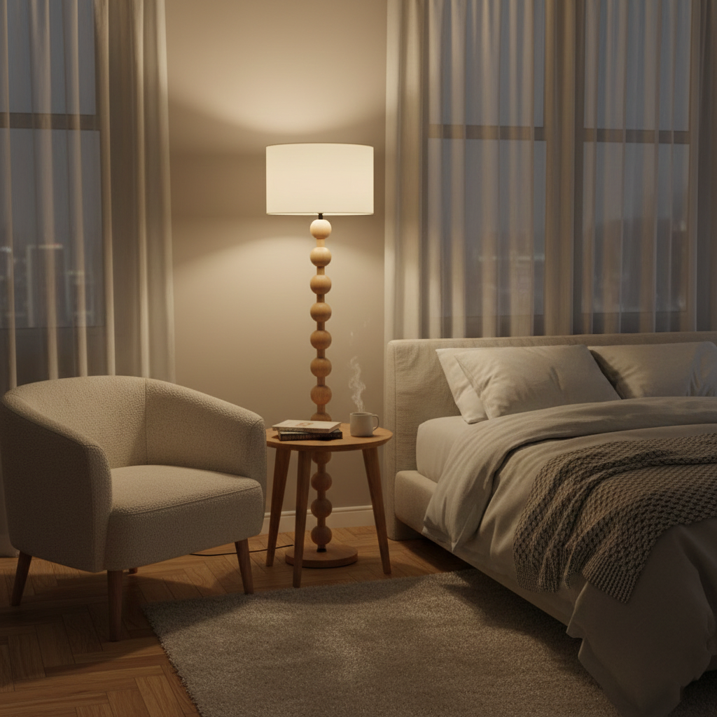 Tall Standing Lamp with White Shade 63 Inches Natural Wood Base Dimmable Accent Light for Bedroom Living Room Corner Reading Nook Modern Dec