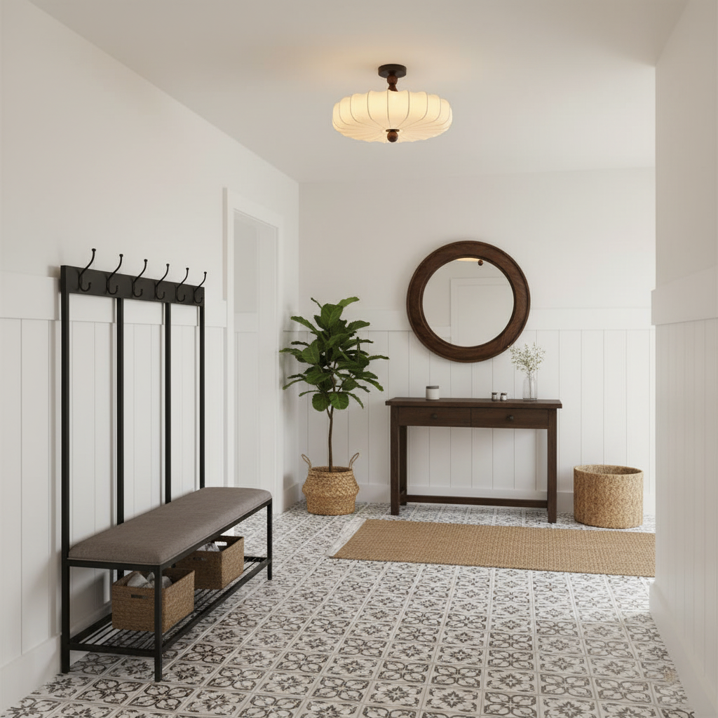 Flush Mount Wood Ceiling Light with Scalloped Fabric Shade 18×12 in LED Fixture for Dining Room Bedroom Entryway Black Walnut Finish Modern