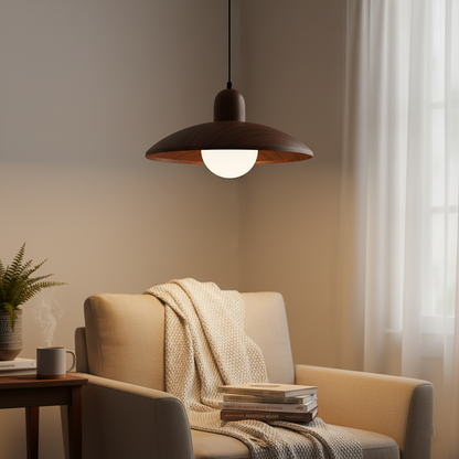Wood Dome Ceiling Pendant 12 in Walnut Hanging Light for Kitchen Island Dining Table Minimalist Adjustable Cord E27 Socket 110V