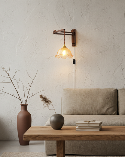 Swing-Arm Sconce with Wood & Brass Construction – Adjustable Directional Lighting for Bedroom, Reading Nook, Hallway – Multiple Shade Styles