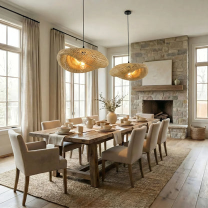 Woven Rattan Pendant Light with Adjustable Height for Dining Room & Kitchen | Natural Ceiling Fixture with E27 Socket | Scandinavian