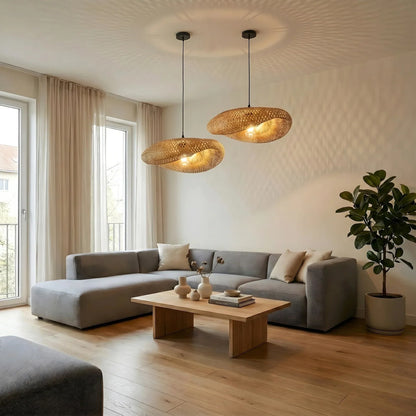 Woven Rattan Pendant Light with Adjustable Height for Dining Room & Kitchen | Natural Ceiling Fixture with E27 Socket | Scandinavian
