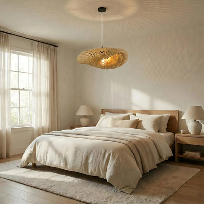 Woven Rattan Pendant Light with Adjustable Height for Dining Room & Kitchen | Natural Ceiling Fixture with E27 Socket | Scandinavian