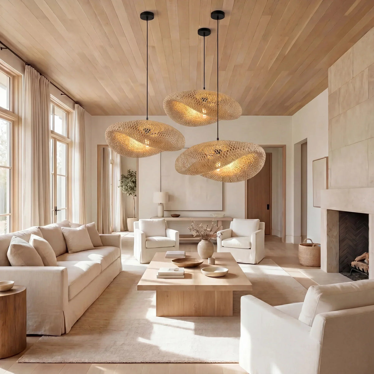 Woven Rattan Pendant Light with Adjustable Height for Dining Room & Kitchen | Natural Ceiling Fixture with E27 Socket | Scandinavian