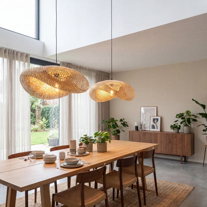 Woven Rattan Pendant Light with Adjustable Height for Dining Room & Kitchen | Natural Ceiling Fixture with E27 Socket | Scandinavian