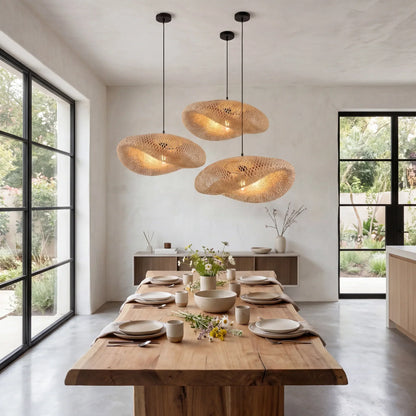 Woven Rattan Pendant Light with Adjustable Height for Dining Room & Kitchen | Natural Ceiling Fixture with E27 Socket | Scandinavian