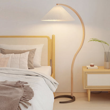Arc Floor Lamp Natural Wood Linen Shade 30 in Wide Reading Light for Living Room Cozy Corner Seating Area Bedroom Soft Illumination Modern O