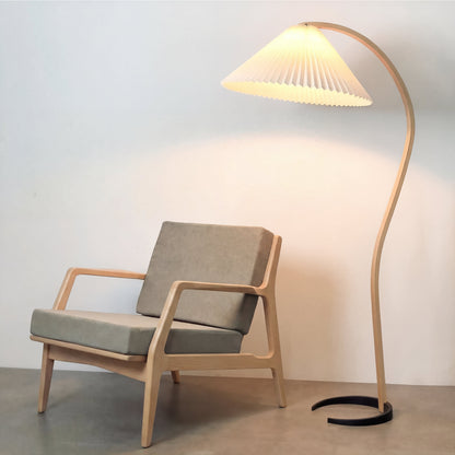 Arc Floor Lamp Natural Wood Linen Shade 30 in Wide Reading Light for Living Room Cozy Corner Seating Area Bedroom Soft Illumination Modern O