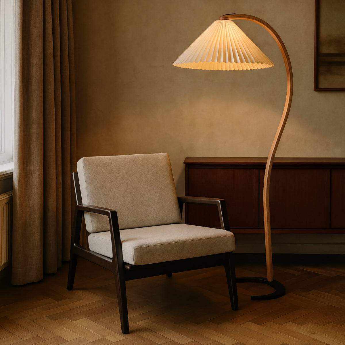 Arc Floor Lamp Natural Wood Linen Shade 30 in Wide Reading Light for Living Room Cozy Corner Seating Area Bedroom Soft Illumination Modern O