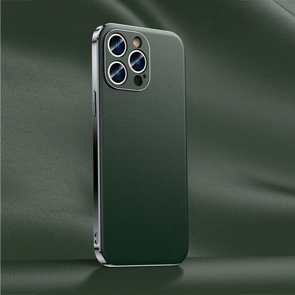 Premium Cowhide Leather iPhone Case with Metallic Frame Edge Protection for iPhone 12 13 14 15 16 17 Pro Max