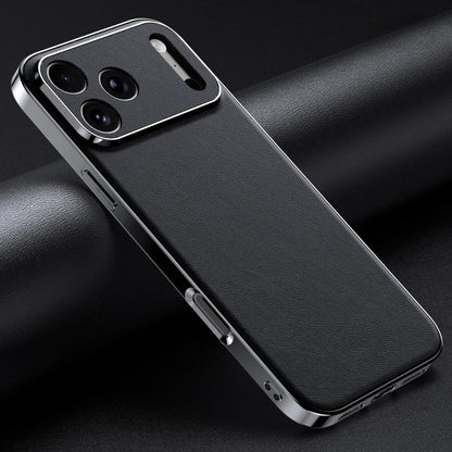 Premium Cowhide Leather iPhone Case with Metallic Frame Edge Protection for iPhone 12 13 14 15 16 17 Pro Max