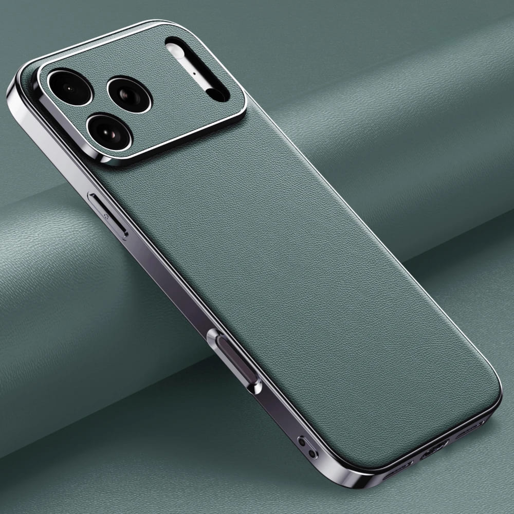 Premium Cowhide Leather iPhone Case with Metallic Frame Edge Protection for iPhone 12 13 14 15 16 17 Pro Max