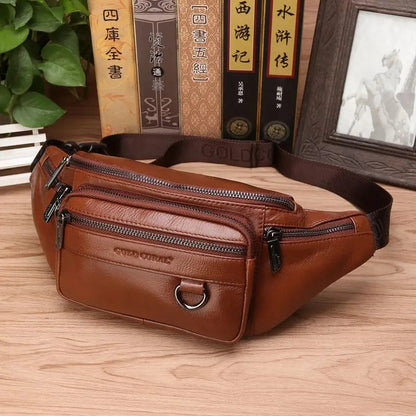 Cowhide Leather Belt Bag – Adjustable Crossbody Sling with Multiple Pockets for Men's Everyday Carry, Hiking & Outdoor Adventures