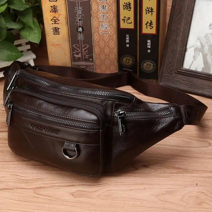 Genuine Leather Crossbody Bag, Cowhide Leather Waist Bag for Men, Adjustable Leather Shoulder Bag for Travel