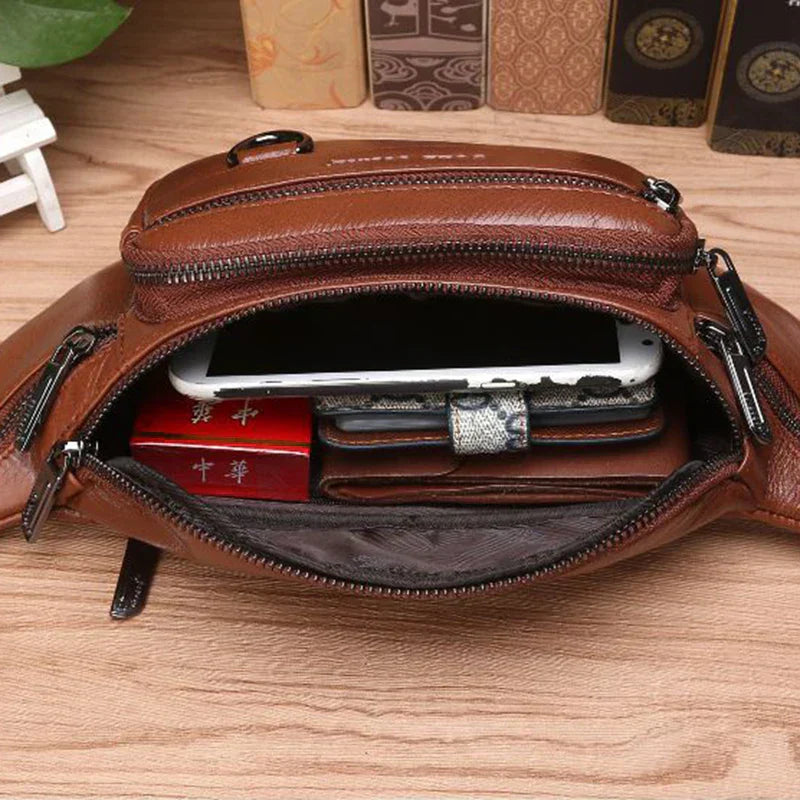 Genuine Leather Crossbody Bag, Cowhide Leather Waist Bag for Men, Adjustable Leather Shoulder Bag for Travel