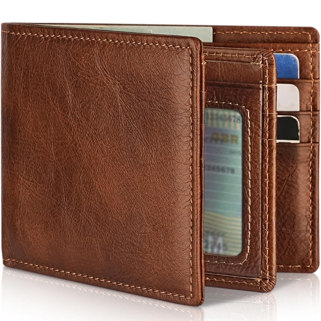 Mens Wallet with RFID Protection, RFID Blocking Wallet, Slim Bifold Leather Wallet with 13 Card Slots and ID Window