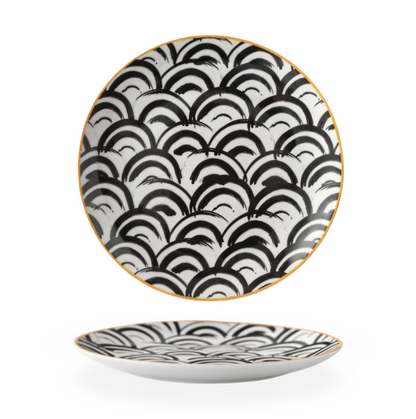 Dinner Plate Set 10 Inch Monochrome Pattern Gold Edge Fine China Dishware for Kitchen Table Modern Black White Serving Plates Dining Room De
