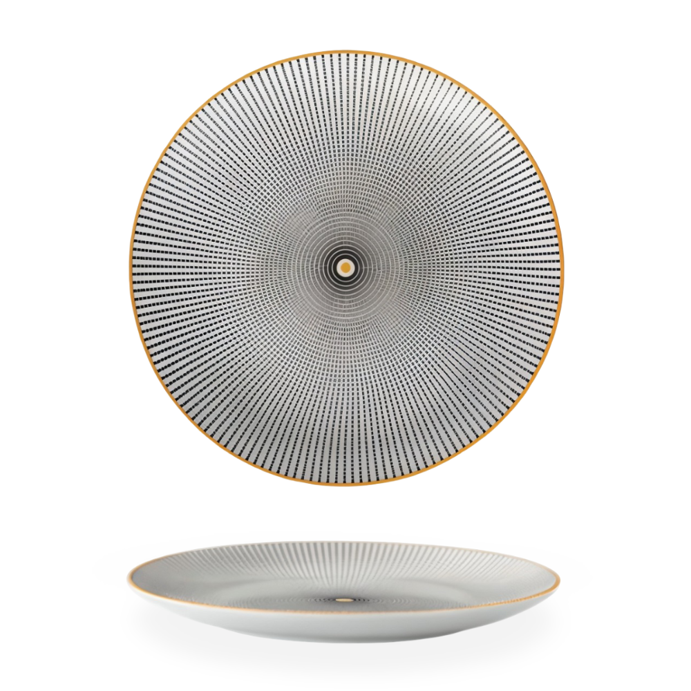 Dinner Plate Set 10 Inch Monochrome Pattern Gold Edge Fine China Dishware for Kitchen Table Modern Black White Serving Plates Dining Room De