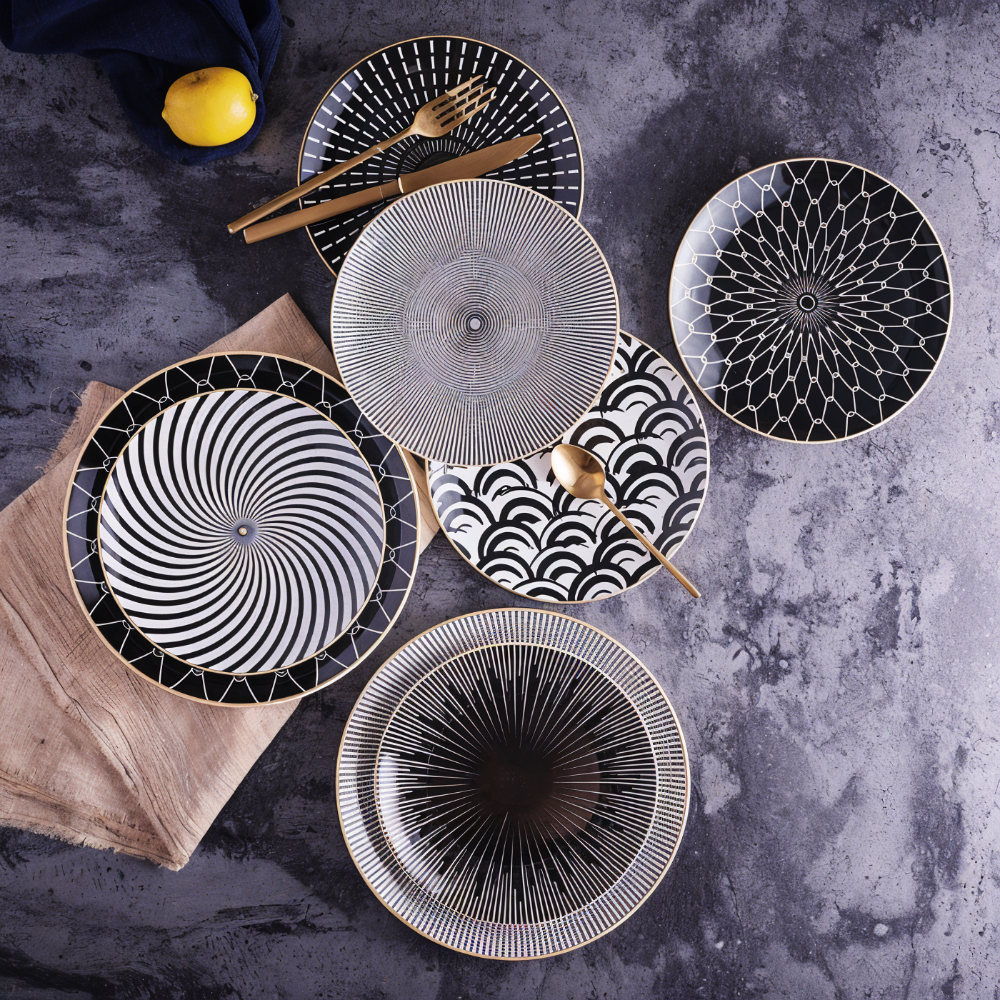 Dinner Plate Set 10 Inch Monochrome Pattern Gold Edge Fine China Dishware for Kitchen Table Modern Black White Serving Plates Dining Room De
