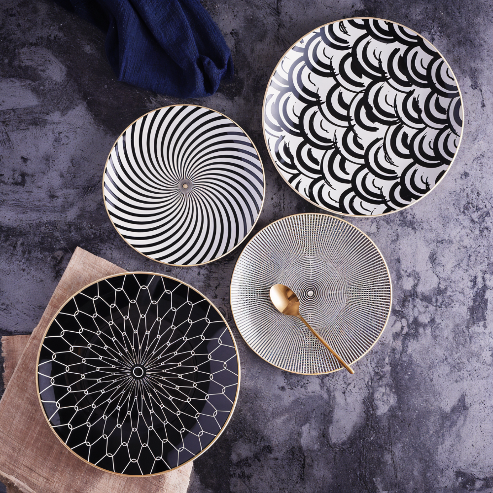 Dinner Plate Set 10 Inch Monochrome Pattern Gold Edge Fine China Dishware for Kitchen Table Modern Black White Serving Plates Dining Room De
