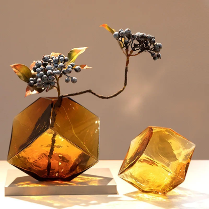 Geometric Amber Glass Vase – Modern Balancing Cube Design for Home Decor