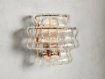 Textured Glass Wall Sconce Light Fixture with Curved Shade for Living Room Bedroom Dining Room | Hardwired 2-Bulb Accent Lighting