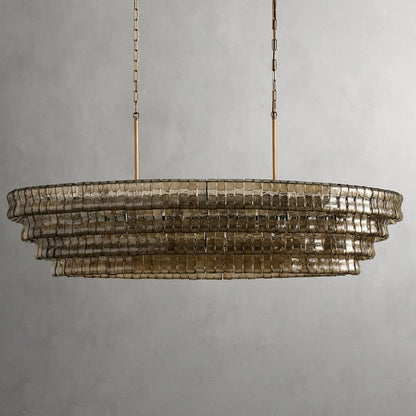 Oval Statement Chandelier Steel Frame Curved Glass Panels Adjustable Drop 5 or 12 Bulbs Dining Room Foyer
