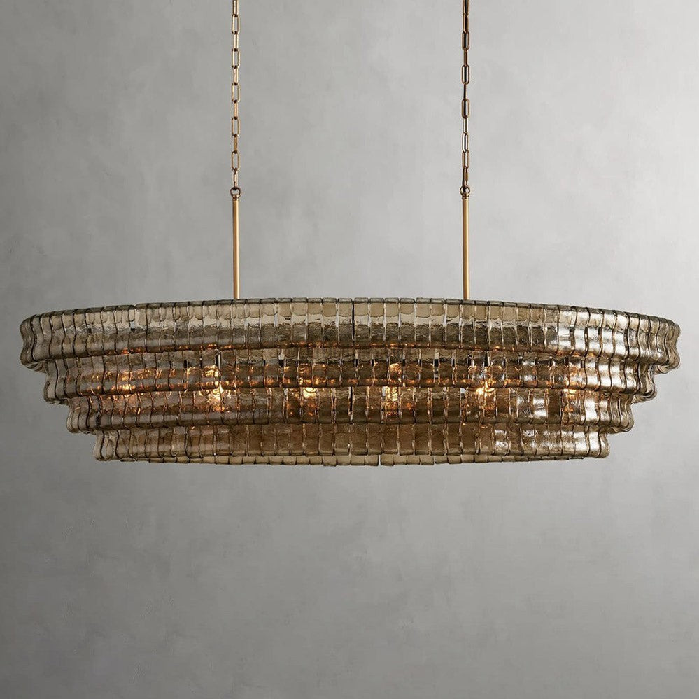 Oval Statement Chandelier Steel Frame Curved Glass Panels Adjustable Drop 5 or 12 Bulbs Dining Room Foyer
