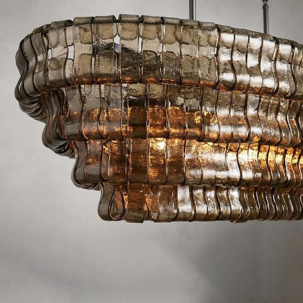 Oval Statement Chandelier Steel Frame Curved Glass Panels Adjustable Drop 5 or 12 Bulbs Dining Room Foyer