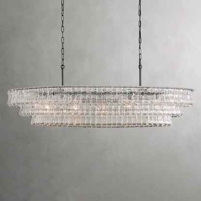 Oval Statement Chandelier Steel Frame Curved Glass Panels Adjustable Drop 5 or 12 Bulbs Dining Room Foyer