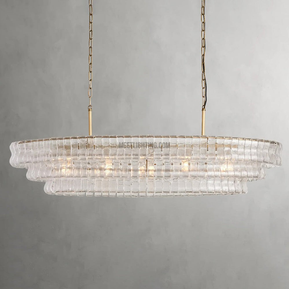Oval Statement Chandelier Steel Frame Curved Glass Panels Adjustable Drop 5 or 12 Bulbs Dining Room Foyer