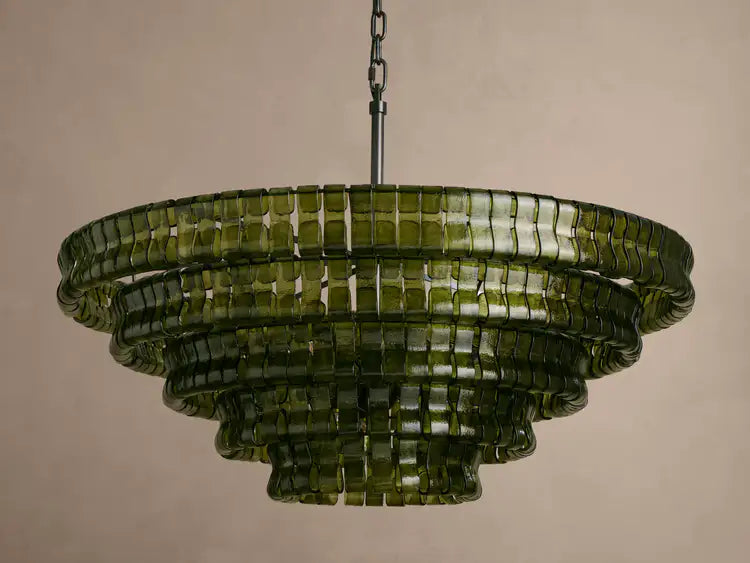 Textured Glass Round Chandelier with Curved Panels in Metallic Finish for Dining Room & Living Room | 24 to 60 Inch