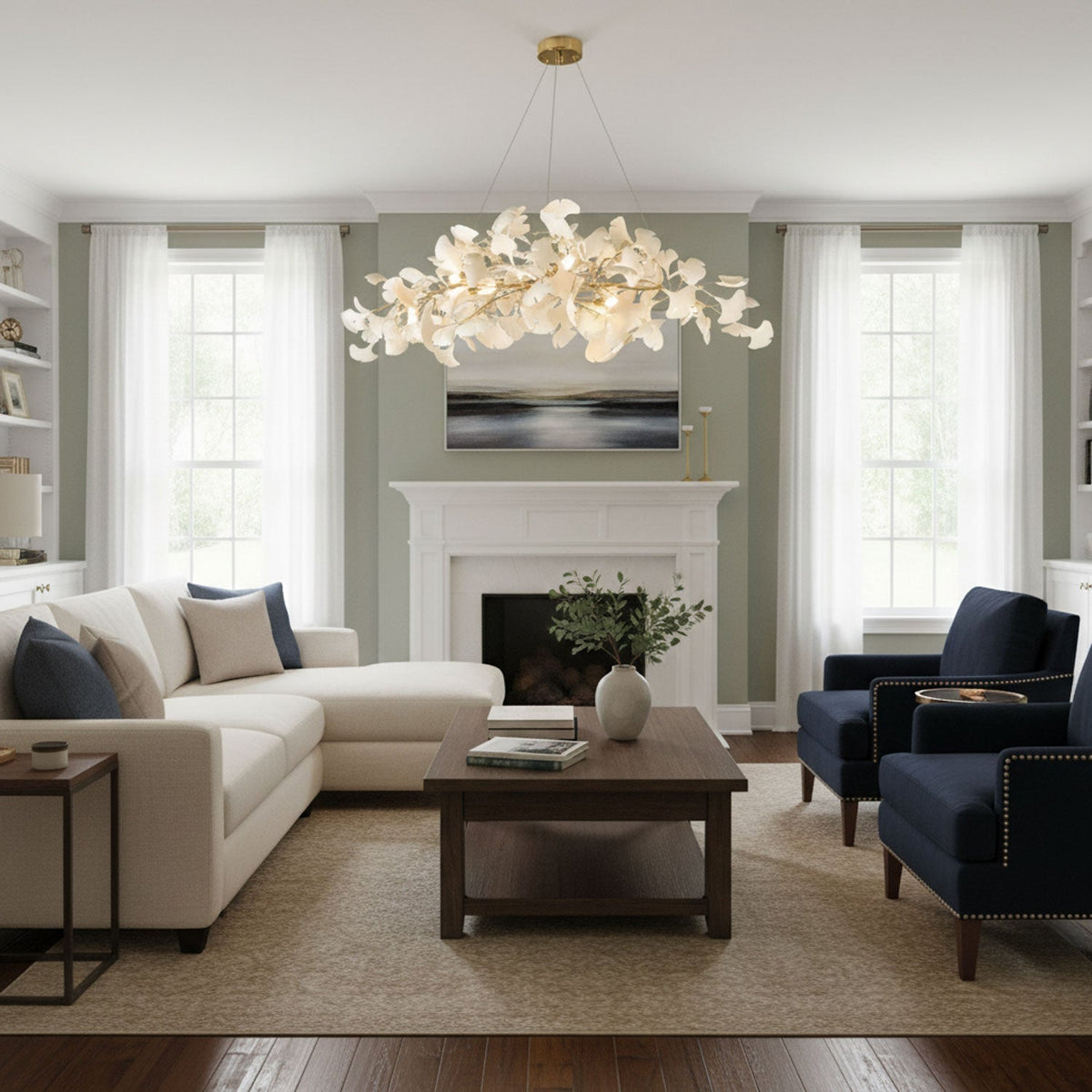 Handcrafted Porcelain Leaf Ceiling Fixture with Flexible Branches Gold White 70 in Statement Overhead Lighting for Dining Room Entryway Livi