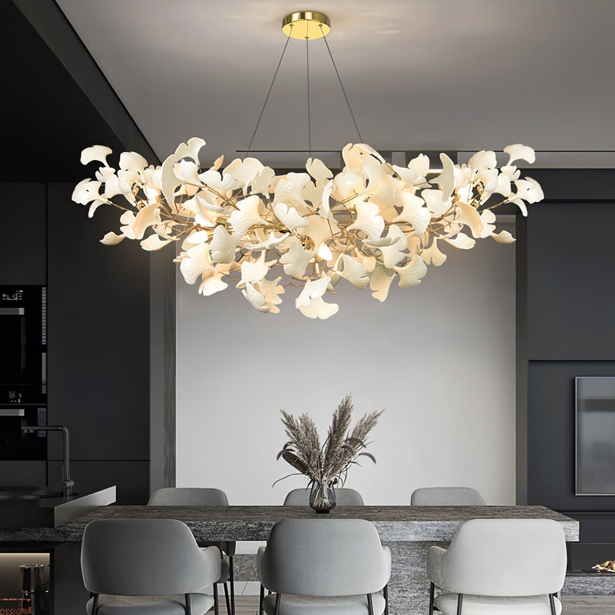 Ceramic Leaf Chandelier with Adjustable Height LED – Modern Organic Hanging Light for Dining Room, Kitchen Island & Living Room
