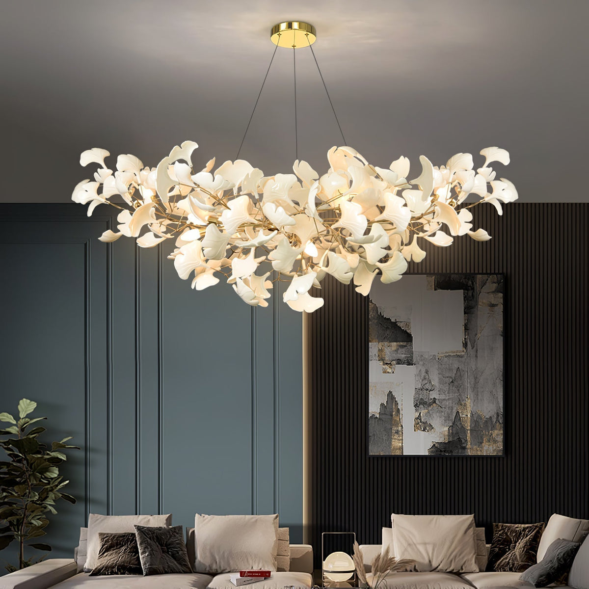 Ceramic Leaf Chandelier with Adjustable Height LED – Modern Organic Hanging Light for Dining Room, Kitchen Island & Living Room