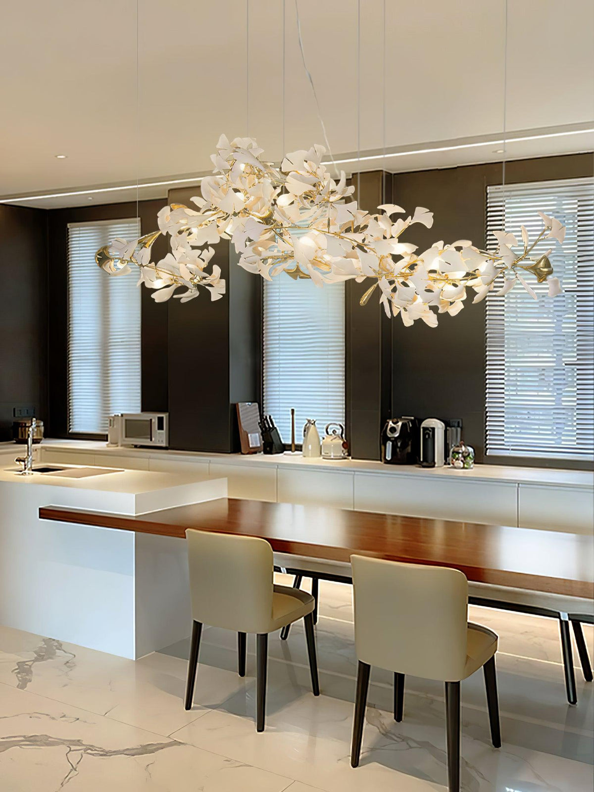 Handcrafted Porcelain Leaf Ceiling Fixture with Flexible Branches Gold White 70 in Statement Overhead Lighting for Dining Room Entryway Livi