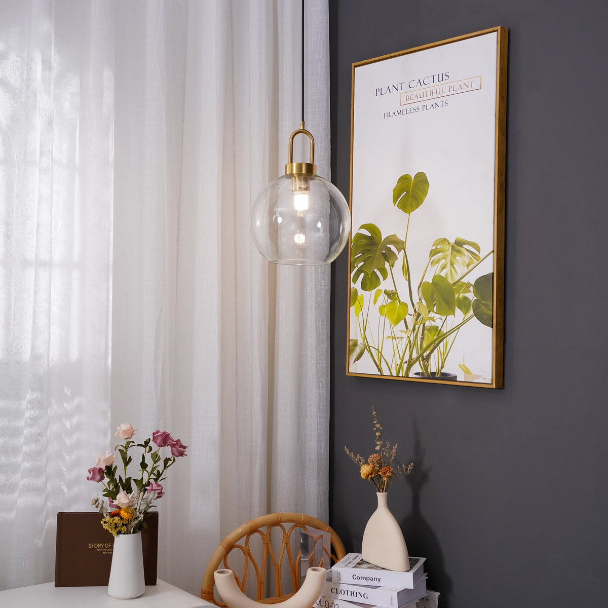 Glass Globe Hanging Light Fixture with Adjustable Cord for Dining Room Kitchen Island Bedroom Modern Minimalist Ceiling Pendant Lamp