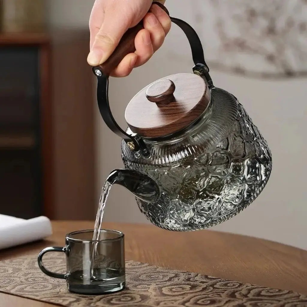 Clear Glass Tea Pot with Removable Strainer & Wood Grip 34 oz Capacity Heat-Resistant Loose Tea Server for Herbal Green Black Oolong Daily B