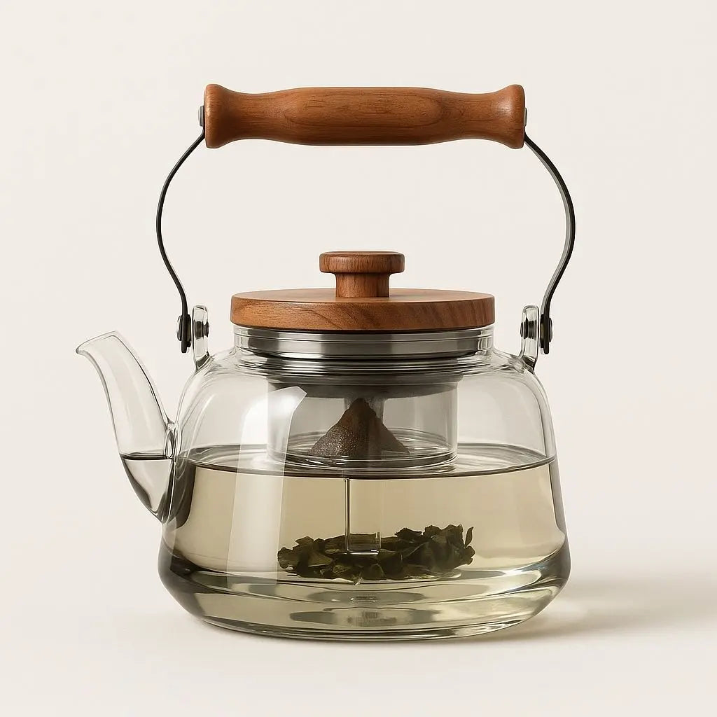 Clear Glass Tea Pot with Removable Strainer & Wood Grip 34 oz Capacity Heat-Resistant Loose Tea Server for Herbal Green Black Oolong Daily B