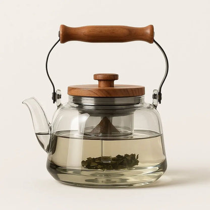 Clear Glass Tea Pot with Removable Strainer & Wood Grip 34 oz Capacity Heat-Resistant Loose Tea Server for Herbal Green Black Oolong Daily B