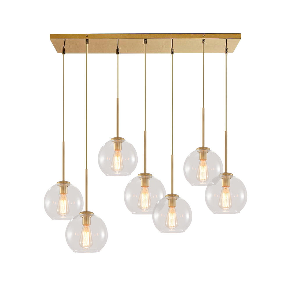Seven-Globe Hanging Light with Adjustable Height Cords for Kitchen Island & Dining Table, Clear Glass Spheres, 35-Inch Canopy, E26 Base, Dim