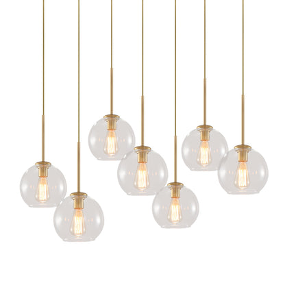 Seven-Globe Hanging Light with Adjustable Height Cords for Kitchen Island & Dining Table, Clear Glass Spheres, 35-Inch Canopy, E26 Base, Dim