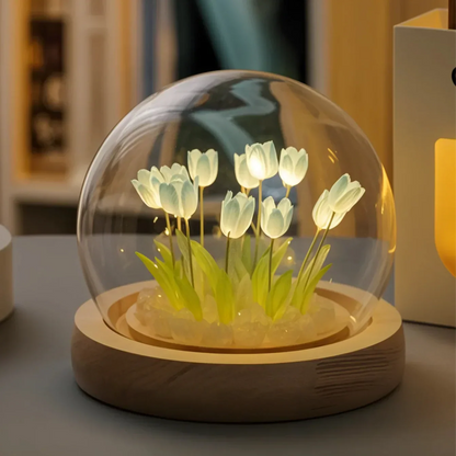 LED Tulip Dome Light DIY Craft Kit with Glass Globe 13 Flowers Battery Operated Table Accent Lamp for Bedroom Living Room Nightstand Decor