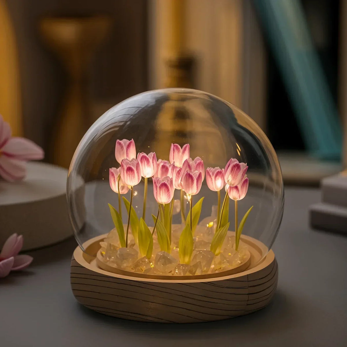 LED Tulip Dome Light DIY Craft Kit with Glass Globe 13 Flowers Battery Operated Table Accent Lamp for Bedroom Living Room Nightstand Decor