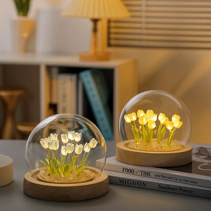 LED Tulip Dome Light DIY Craft Kit with Glass Globe 13 Flowers Battery Operated Table Accent Lamp for Bedroom Living Room Nightstand Decor