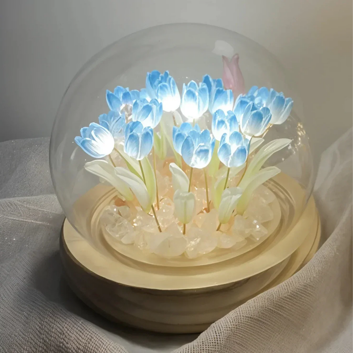 LED Tulip Dome Light DIY Craft Kit with Glass Globe 13 Flowers Battery Operated Table Accent Lamp for Bedroom Living Room Nightstand Decor