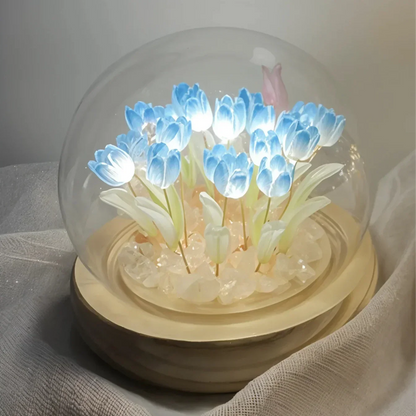 LED Tulip Dome Light DIY Craft Kit with Glass Globe 13 Flowers Battery Operated Table Accent Lamp for Bedroom Living Room Nightstand Decor